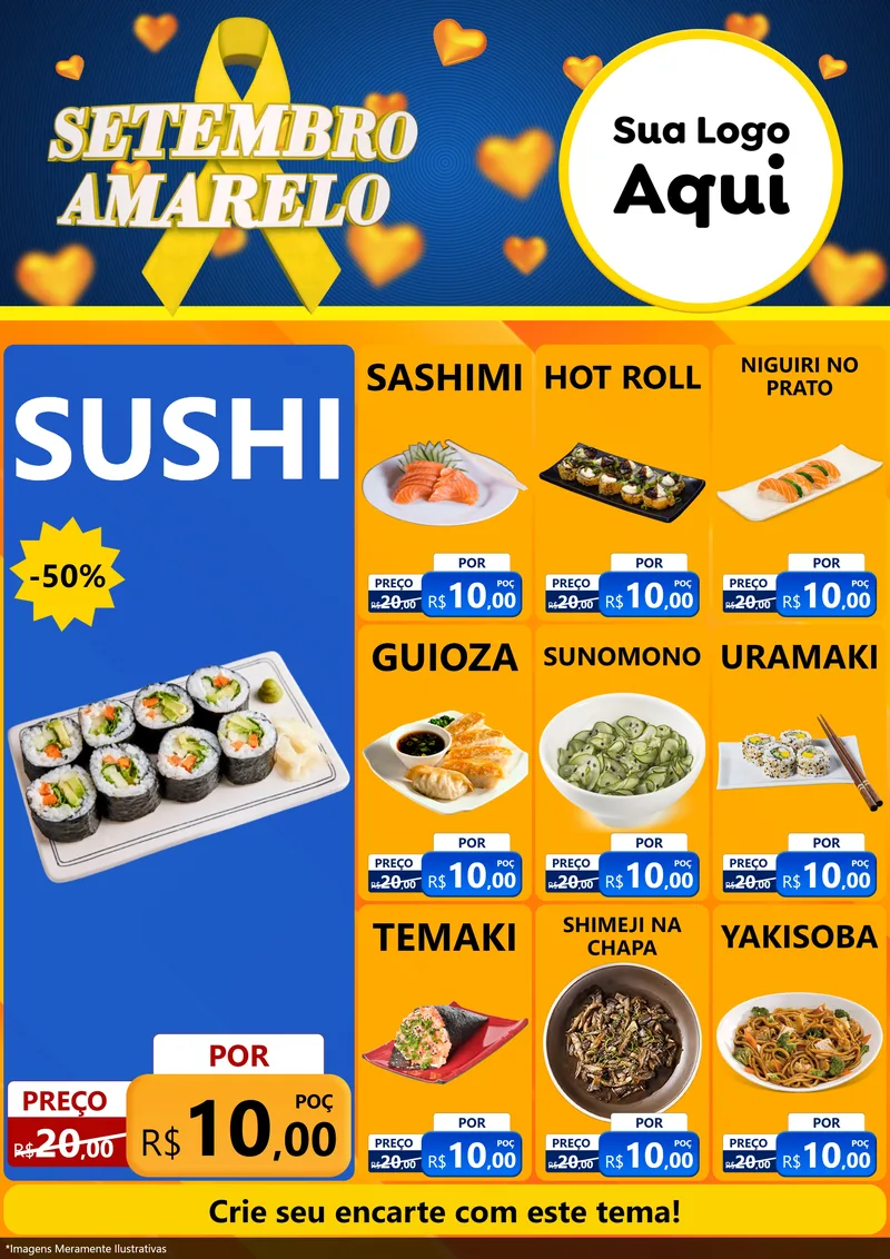 Modelo de Encarte para Encarte A4 Vertical com o tema Setembro Amarelo para Comida japonesa