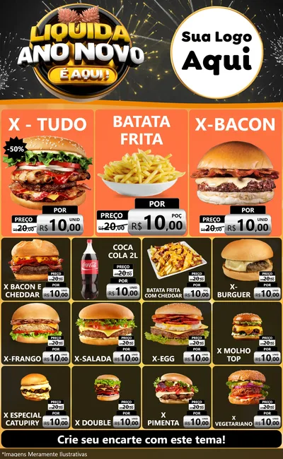 Modelo de Encarte para Encarte Grande com o tema Liquida Ano Novo É Aqui! para Hamburgueria