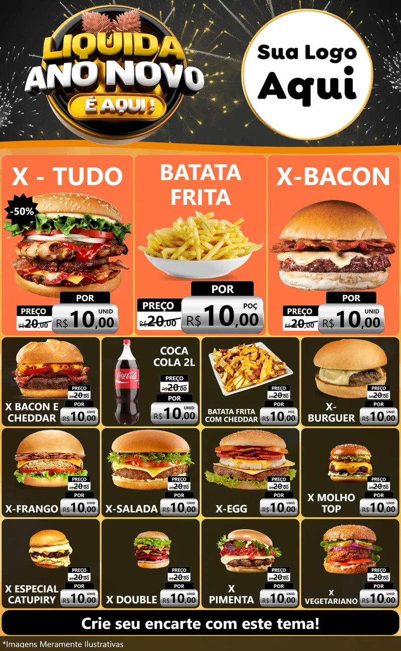 Modelo de Encarte para Encarte Grande com o tema Liquida Ano Novo É Aqui! para Hamburgueria