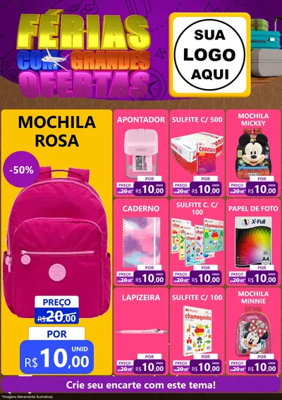 Modelo de Encarte para Encarte A4 Vertical com o tema Férias com Grandes Ofertas para Papelaria