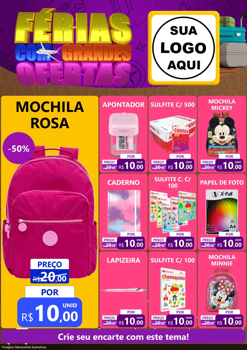 Modelo de Encarte para Encarte A4 Vertical com o tema Férias com Grandes Ofertas para Papelaria
