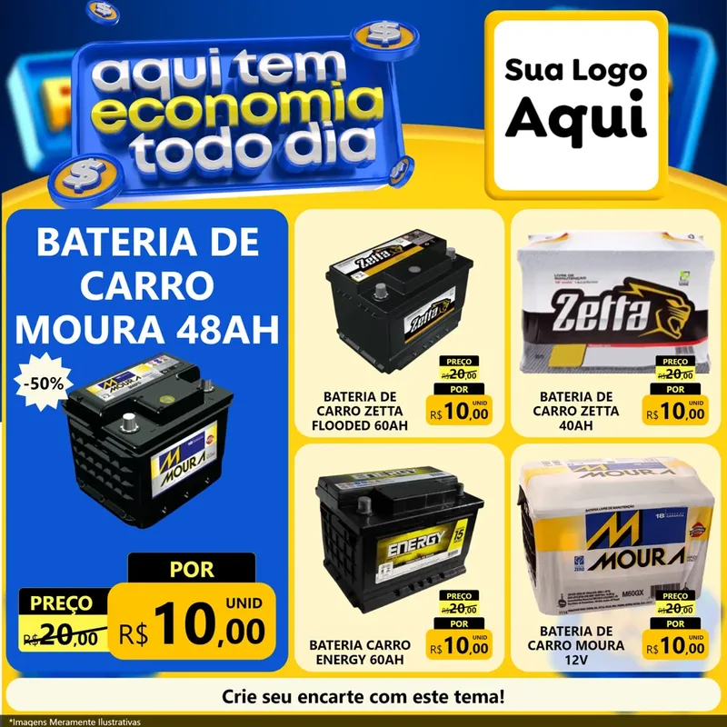 Modelo de Rede Social para Feed Facebook com o tema Aqui Tem Economia Todo Dia para Baterias Elétricas