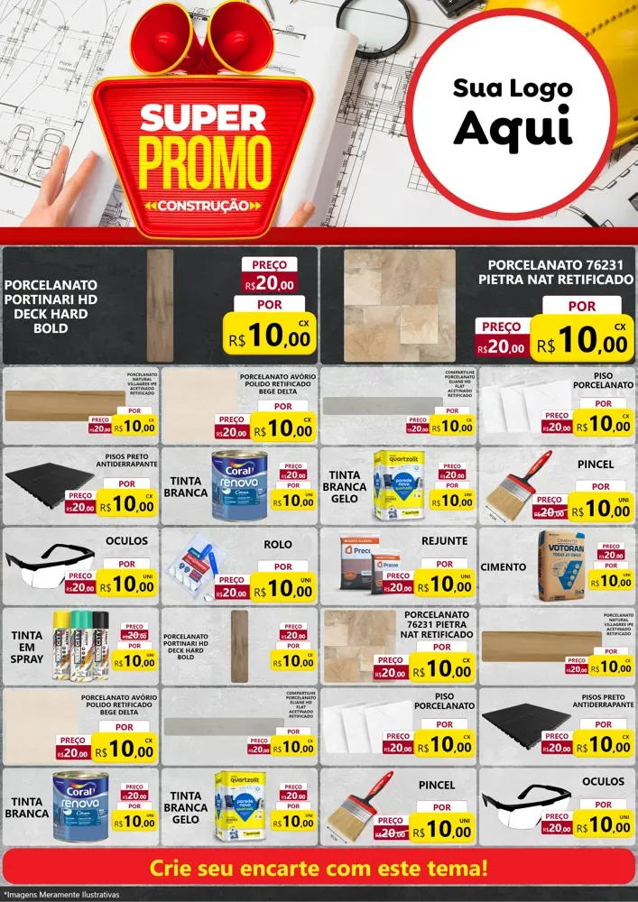 Modelo de Encarte para Encarte A4 Vertical com o tema Super Promoção Construção para Pisos e revestimentos