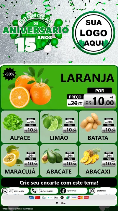 Modelo de Rede Social para Stories com o tema Promoção de Aniversário - 15 Anos para Hortifrúti