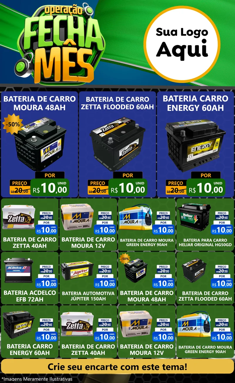 Modelo de Encarte para Encarte Grande com o tema Operação Fecha Mês para Baterias Elétricas