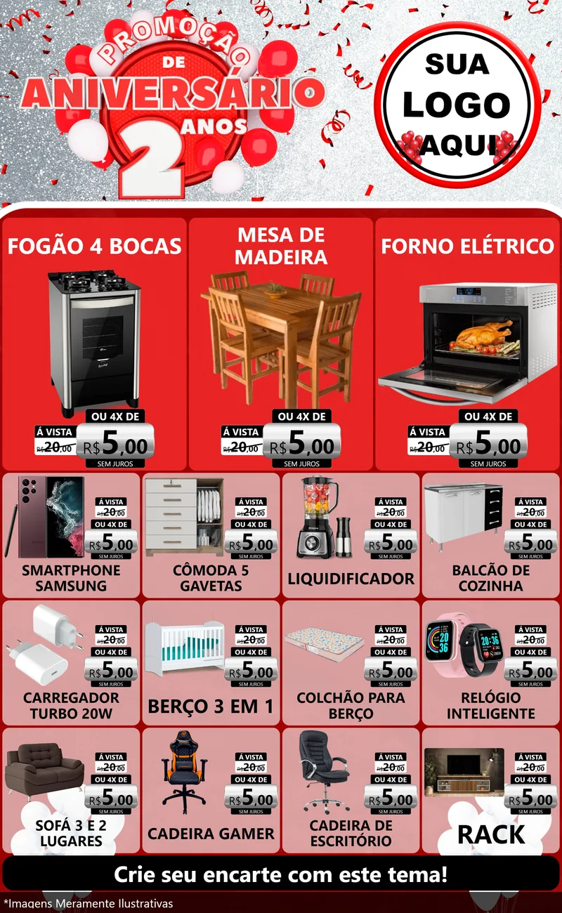 Modelo de Encarte para Encarte Grande com o tema Promoção de Aniversário - 2 Anos para Móveis e Eletro