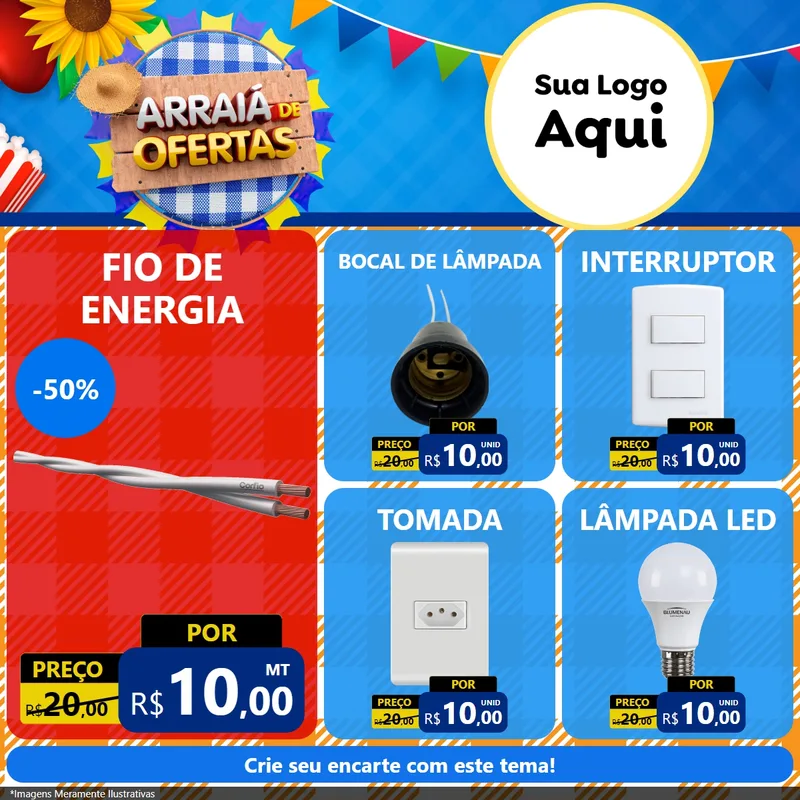 Modelo de Rede Social para Feed Facebook com o tema Arraiá de Ofertas para Materiais Elétricos