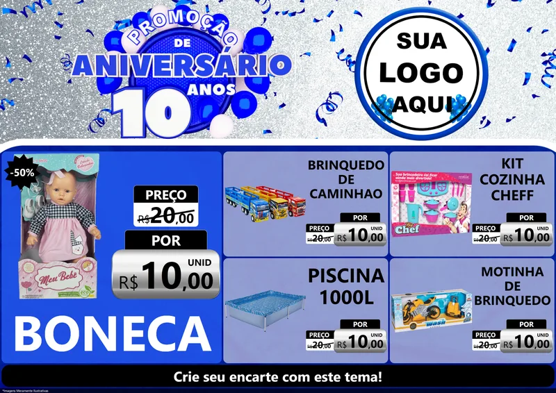 Modelo de Encarte para Encarte A4 Horizontal com o tema Promoção de Aniversário - 10 Anos para Brinquedos