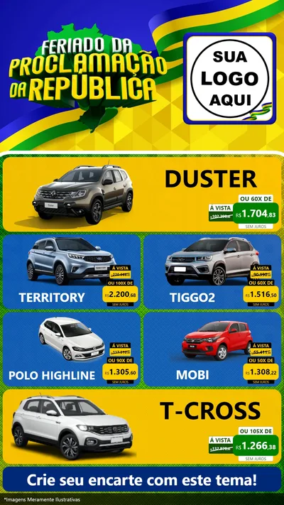 Modelo de TV para TV Vertical com o tema Feriado da Proclamação da República para Concessionaria de Carros