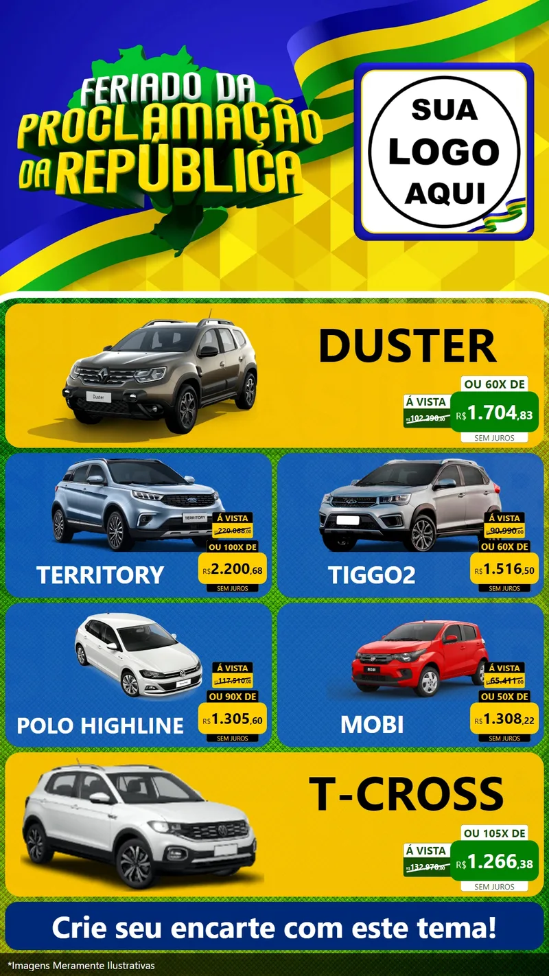 Modelo de TV para TV Vertical com o tema Feriado da Proclamação da República para Concessionaria de Carros