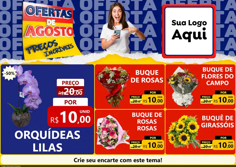 Modelo de Encarte para Encarte A4 Horizontal com o tema Ofertas de Agosto - Preços Incríveis para Floricultura e jardim
