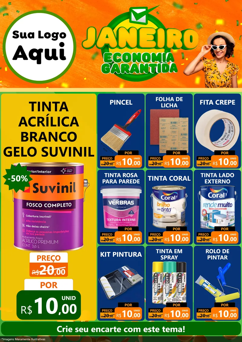 Modelo de Encarte para Encarte A4 Vertical com o tema Janeiro - Economia Garantida para Tintas e Ferramentas