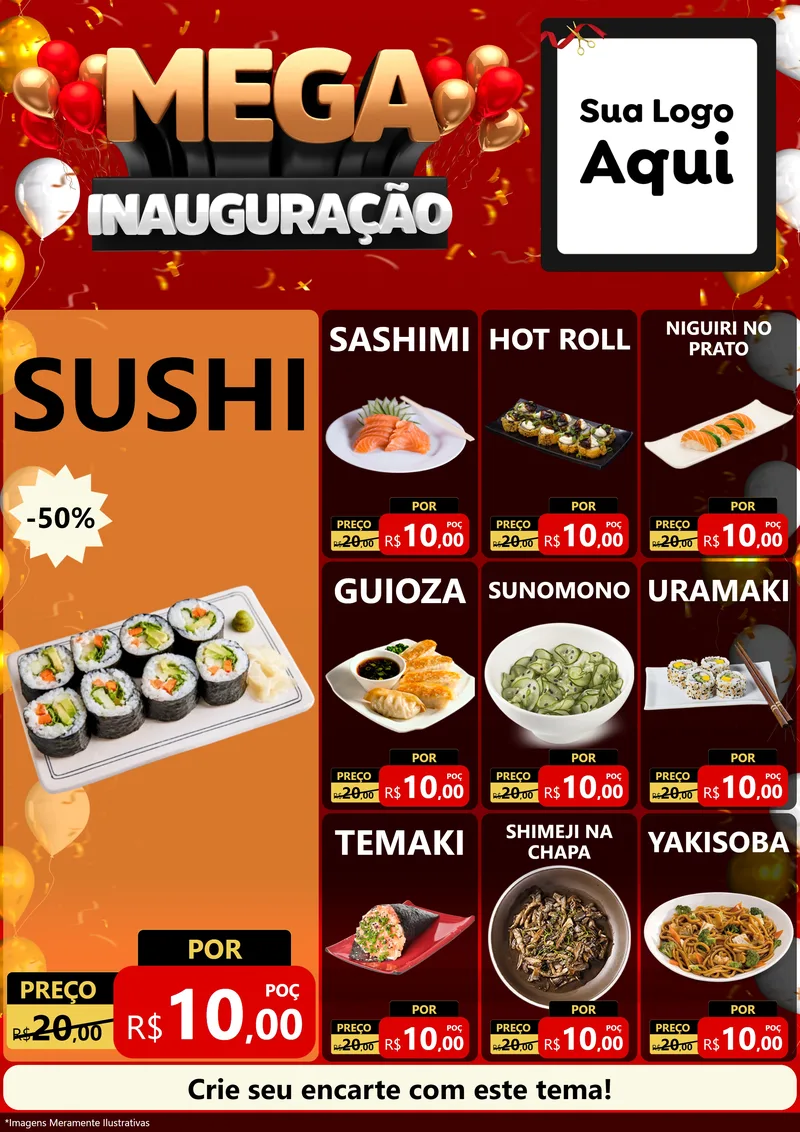 Modelo de Encarte para Encarte A4 Vertical com o tema Mega Inauguração para Comida japonesa