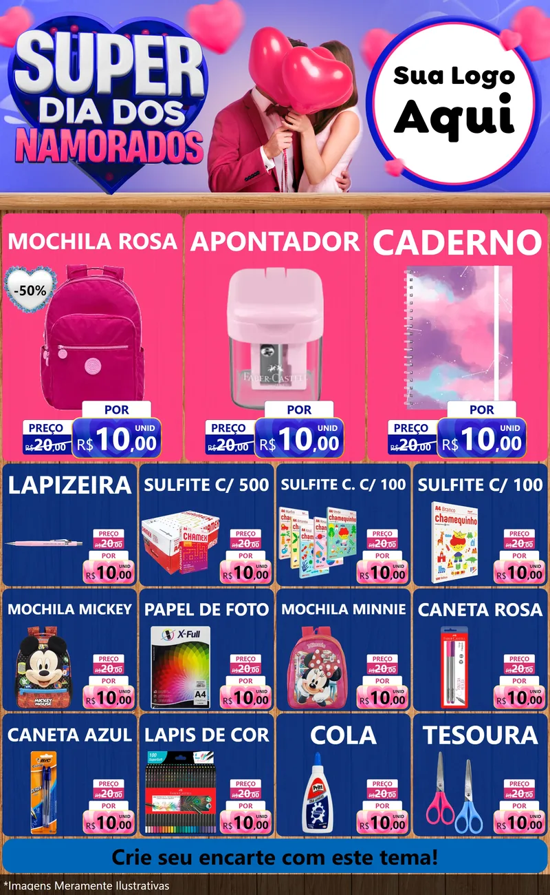 Modelo de Encarte para Encarte Grande com o tema Super Dia dos Namorados para Papelaria