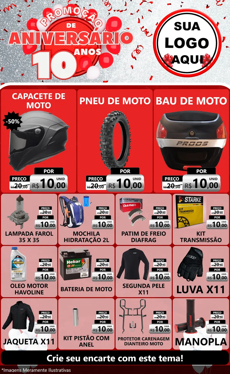 Modelo de Encarte para Encarte Grande com o tema Promoção de Aniversário - 10 Anos para Moto peças