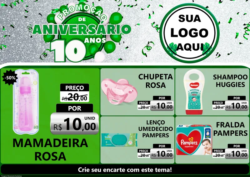 Modelo de Encarte para Encarte A4 Horizontal com o tema Promoção de Aniversário - 10 Anos para Bebês