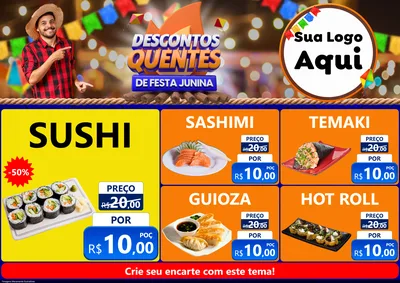Modelo de Encarte para Encarte A4 Horizontal com o tema Descontos Quentes de Festa Junina para Comida japonesa