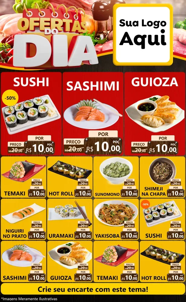 Modelo de Encarte para Encarte Grande com o tema Ofertas do Dia para Comida japonesa