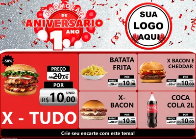 Modelo de Encarte para Encarte A4 Horizontal com o tema Promoção de Aniversário - 1 Ano para Hamburgueria