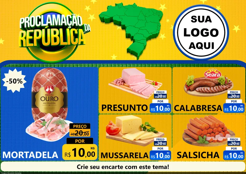 Modelo de Encarte para Encarte A4 Horizontal com o tema Proclamação da República para Frios e Laticínios