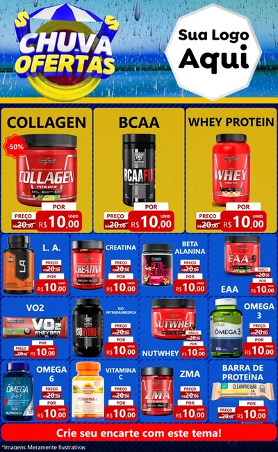 Modelo de Encarte para Encarte Grande com o tema Chuva de Ofertas para Suplementos alimentares