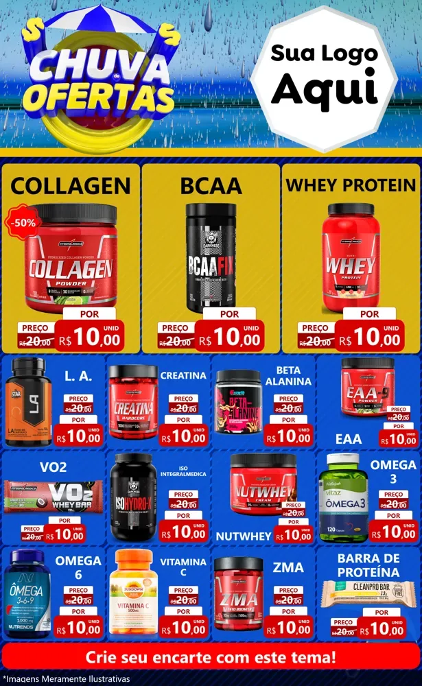Modelo de Encarte para Encarte Grande com o tema Chuva de Ofertas para Suplementos alimentares