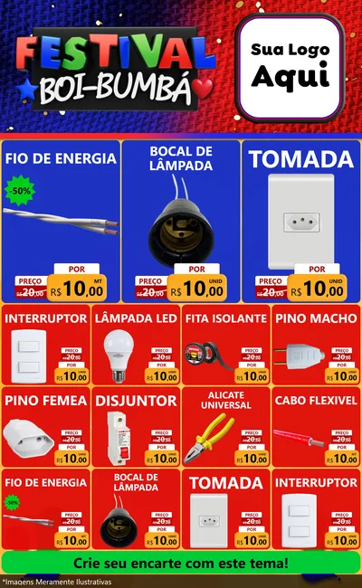Modelo de Encarte para Encarte Grande com o tema Festival Boi-Bumbá para Materiais Elétricos