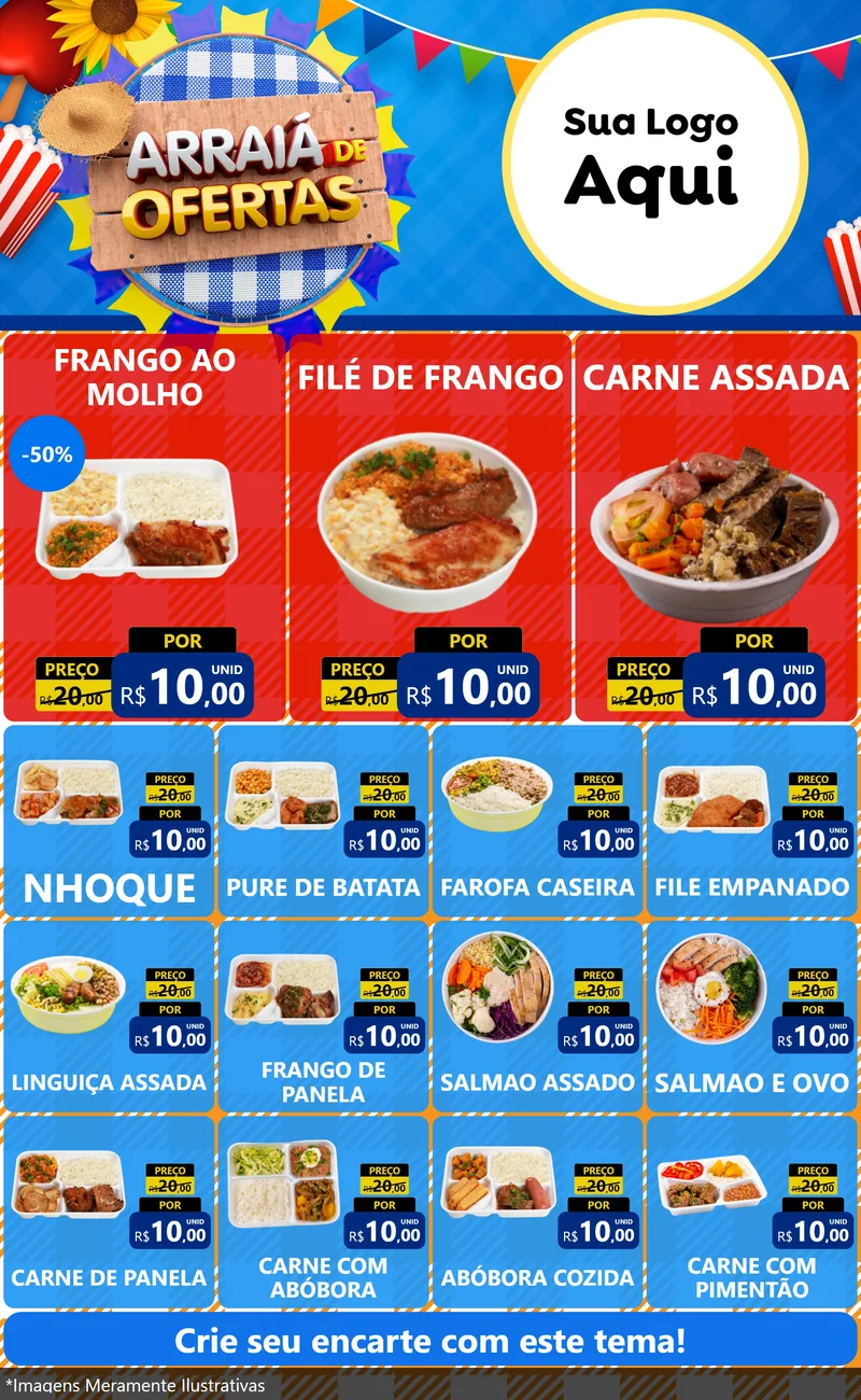 Modelo de Encarte para Encarte Grande com o tema Arraiá de Ofertas para Restaurante