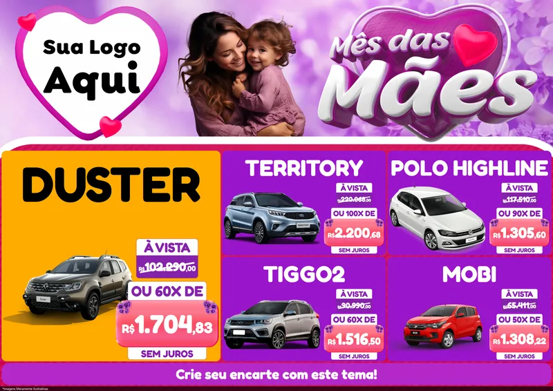 Modelo de Encarte para Encarte A4 Horizontal com o tema Mês das Mães para Concessionaria de Carros