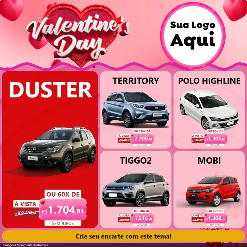 Modelo de Rede Social para Feed Facebook com o tema Valentine's Day para Concessionaria de Carros