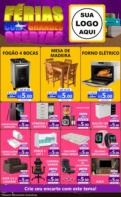 Modelo de Encarte para Encarte Grande com o tema Férias com Grandes Ofertas para Móveis e Eletro