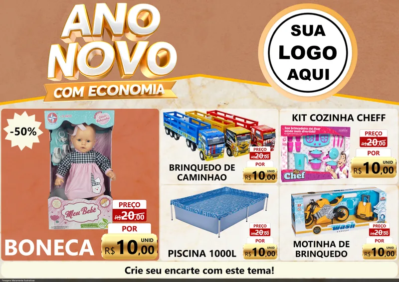 Modelo de Encarte para Encarte A4 Horizontal com o tema Ano Novo Com Economia para Brinquedos