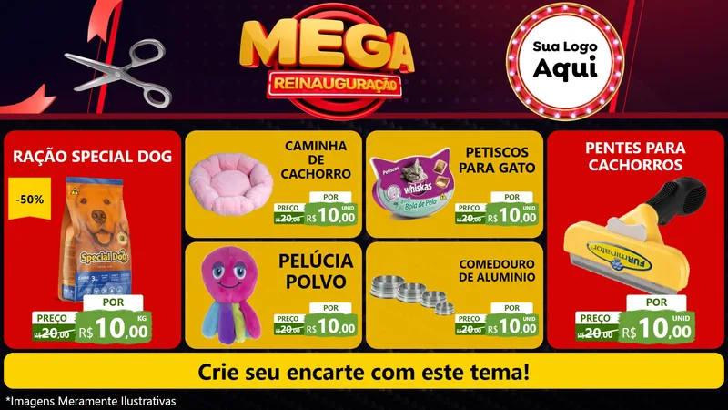 Modelo de TV para TV Horizontal com o tema Mega Reinauguração para Pet Shop