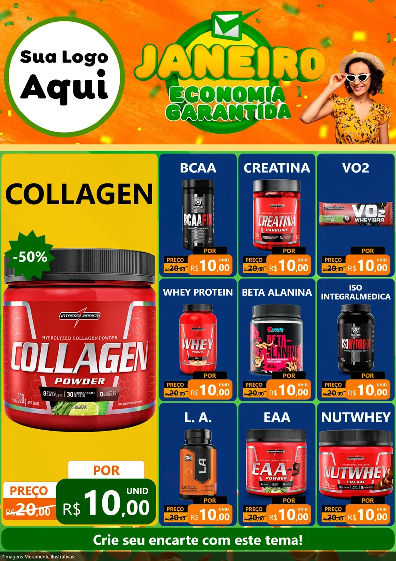 Modelo de Encarte para Encarte A4 Vertical com o tema Janeiro - Economia Garantida para Suplementos alimentares