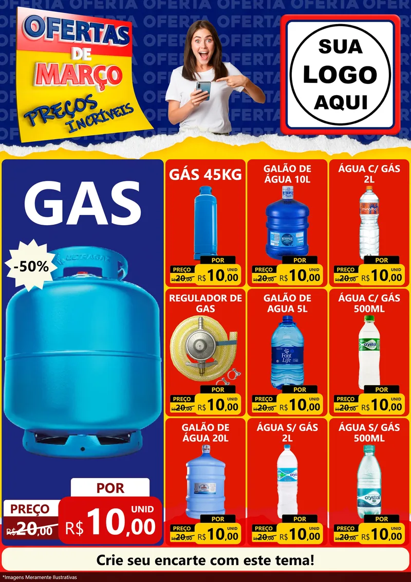 Modelo de Encarte para Encarte A4 Vertical com o tema Ofertas de Março - Preços Incríveis para Água e gás