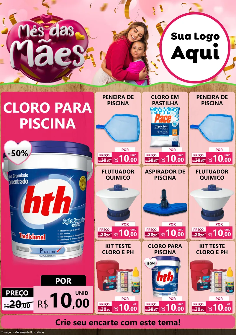 Modelo de Encarte para Encarte A4 Vertical com o tema Mês das Mães para Produtos para Piscina