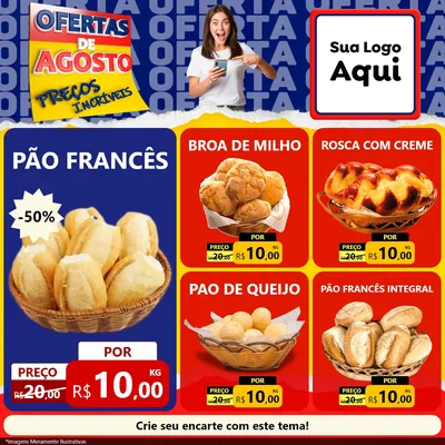 Modelo de Rede Social para Feed Facebook com o tema Ofertas de Agosto - Preços Incríveis para Padaria
