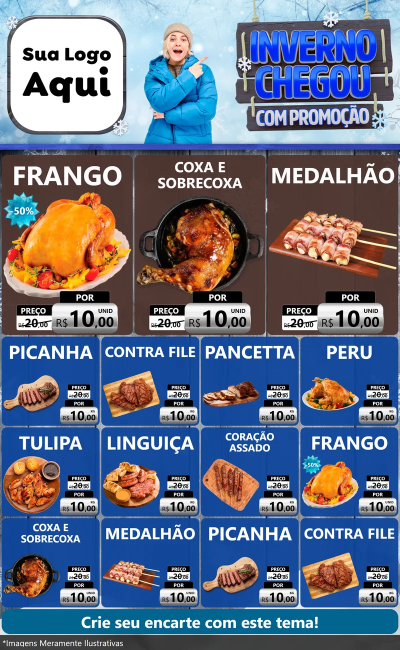 Modelo de Encarte para Encarte Grande com o tema Inverno Chegou Com Promoção para Assados