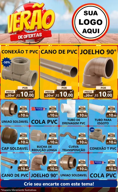 Modelo de Encarte para Encarte Grande com o tema Verão de Ofertas para Tubos e conexões