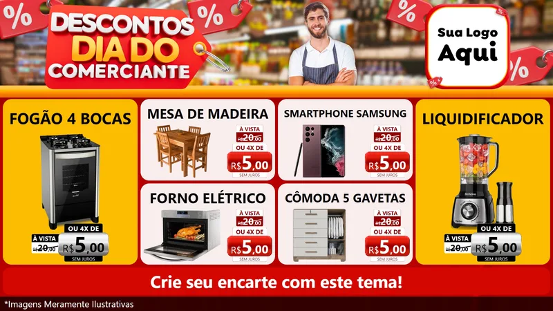 Modelo de TV para TV Horizontal com o tema Descontos Dia do Comerciante para Móveis e Eletro