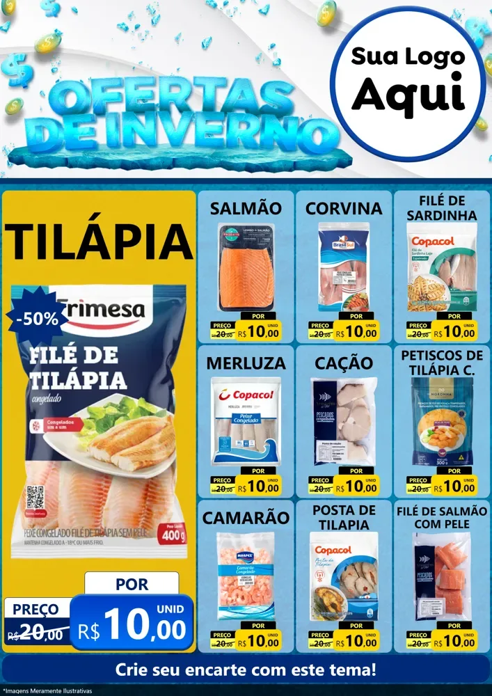 Modelo de Encarte para Encarte A4 Vertical com o tema Ofertas de Inverno para Peixaria