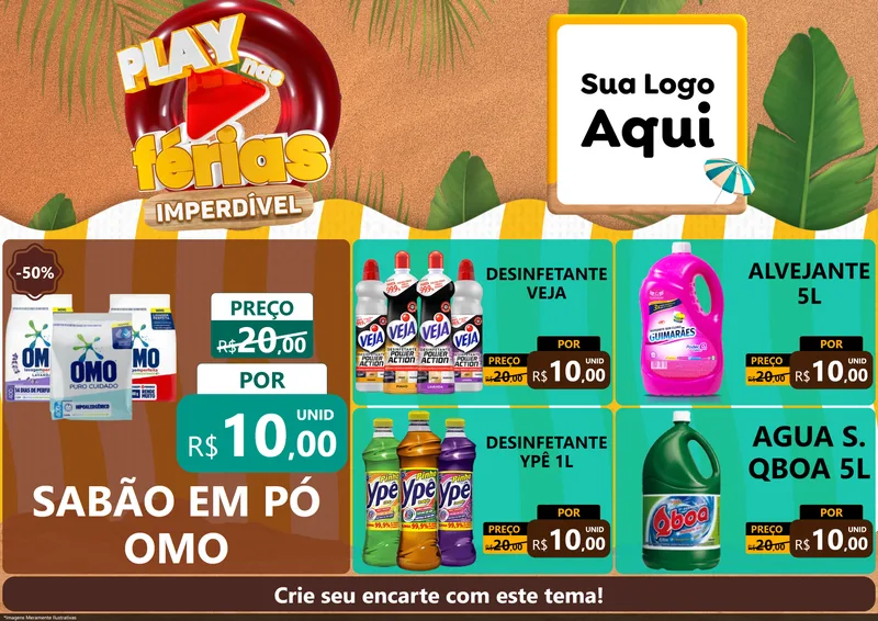 Modelo de Encarte para Encarte A4 Horizontal com o tema Play Nas Férias Imperdível para Produtos de Limpeza