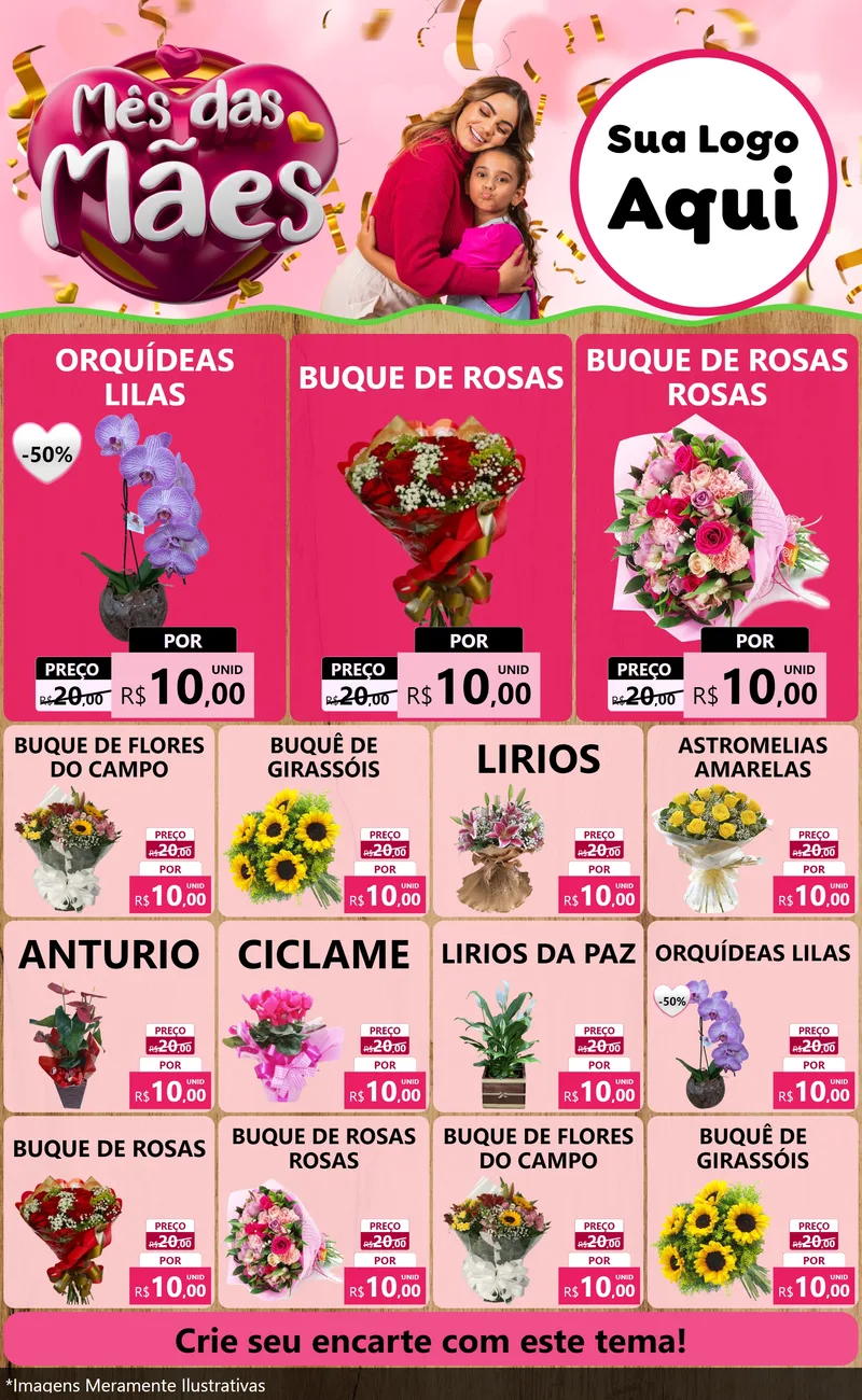 Modelo de Encarte para Encarte Grande com o tema Mês das Mães para Floricultura e jardim