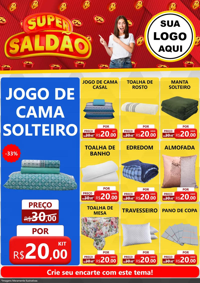 Modelo de Encarte para Encarte A4 Vertical com o tema Super Saldão para Cama, Mesa e Banho
