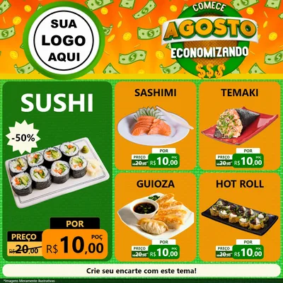 Modelo de Rede Social para Feed Facebook com o tema Comece Agosto Economizando para Comida japonesa