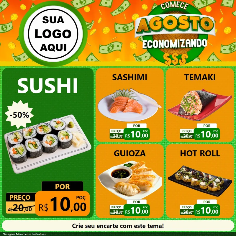 Modelo de Rede Social para Feed Facebook com o tema Comece Agosto Economizando para Comida japonesa