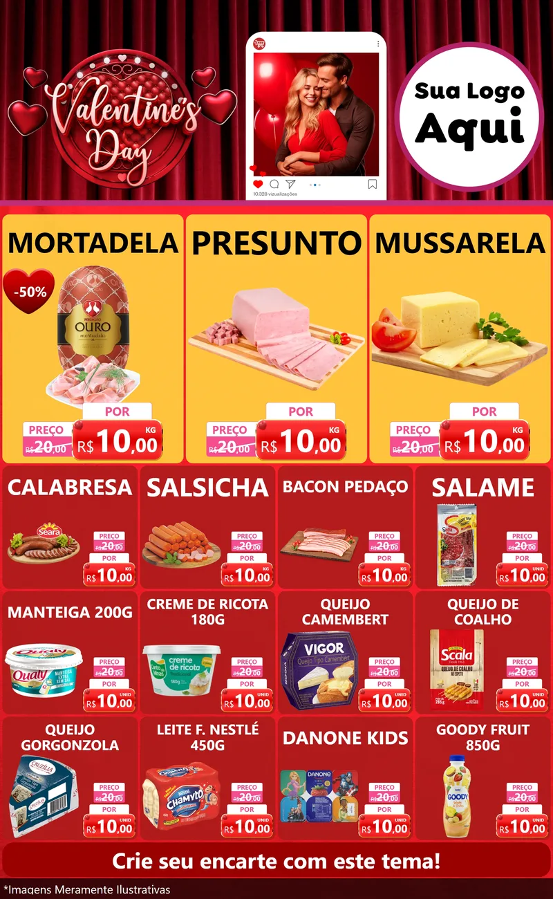 Modelo de Encarte para Encarte Grande com o tema Valentine's Day para Frios e Laticínios