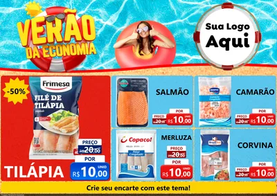 Modelo de Encarte para Encarte A4 Horizontal com o tema Verão da Economia para Peixaria