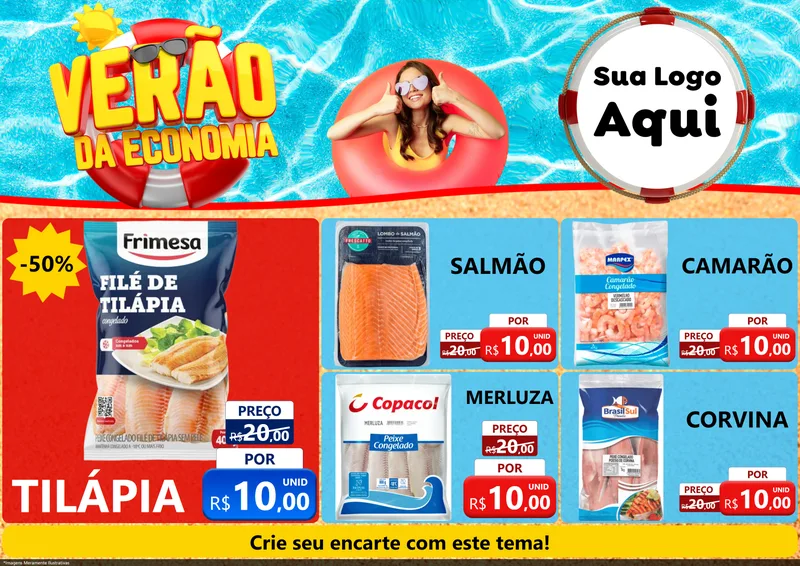 Modelo de Encarte para Encarte A4 Horizontal com o tema Verão da Economia para Peixaria