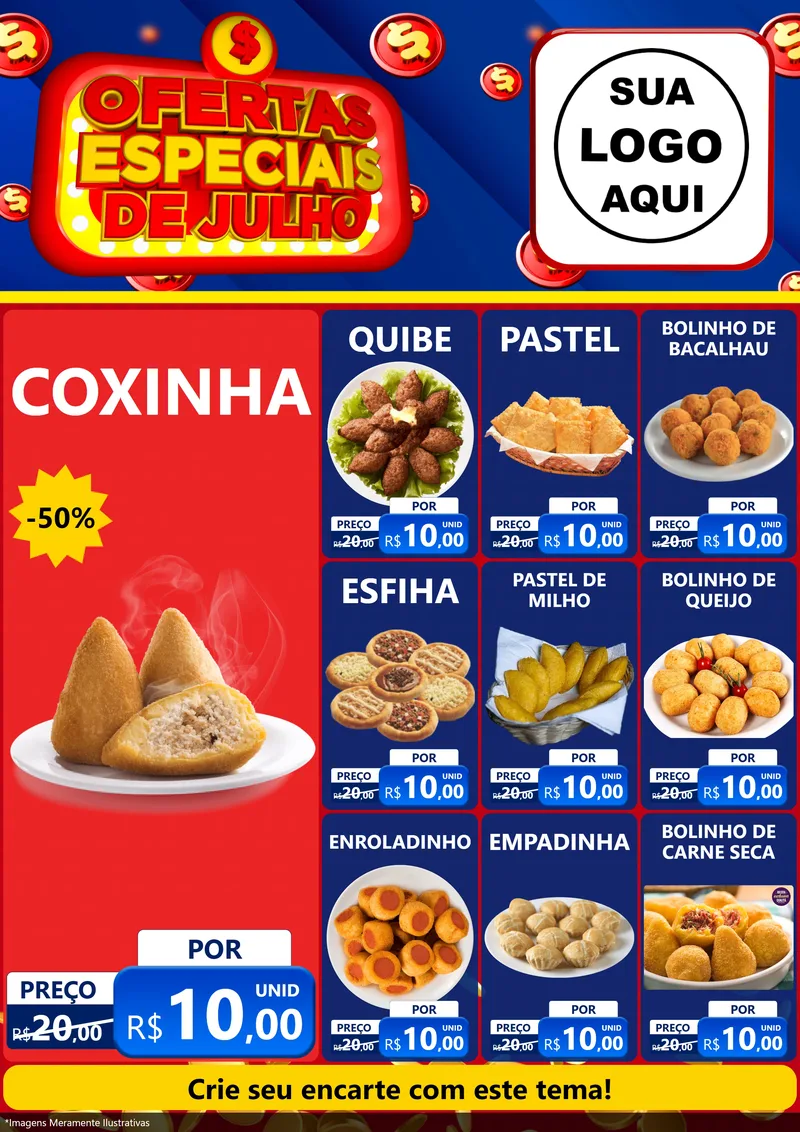 Modelo de Encarte para Encarte A4 Vertical com o tema Ofertas Especiais de Julho para Salgadaria